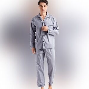 TONY & CANDICE Men's Cotton Long Sleeve Pajama Set Gray w/Black Piping Size L